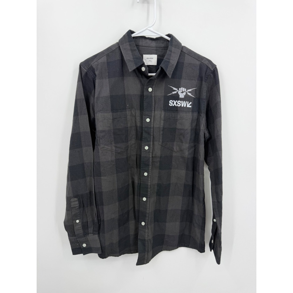 As Colour SXSW Flannel Button Down Shirt Mens Small Black Grey Buffalo Plaid